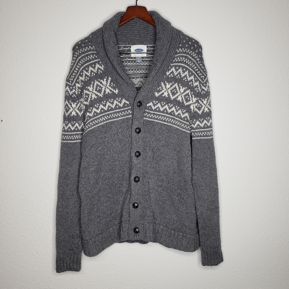 Old Navy Mens Fair Isle Knit Wool Blend Shawl Neck Line Cardigan Size L Preppy